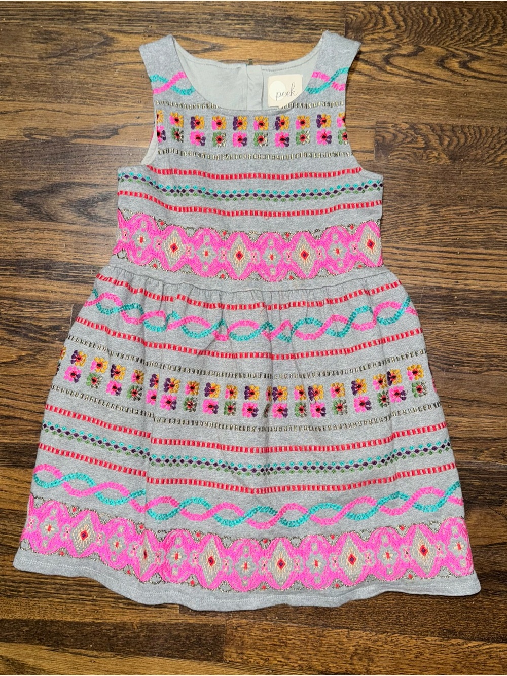 Peek Girls' RARE Gray Cotton Jumper Dress Pink & Teal Floral Embroidery size 8